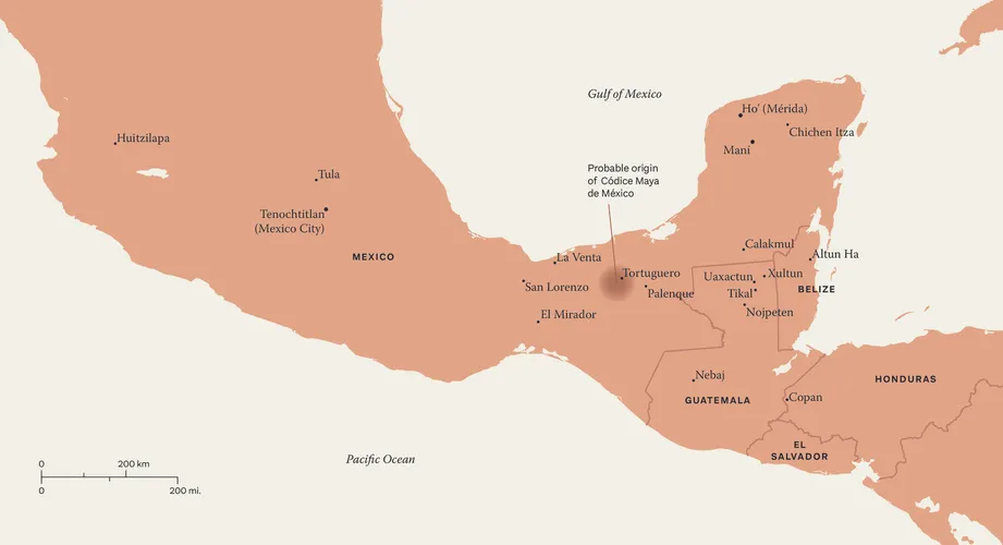 Mexico and Central America, with the likely origin of the Maya codex highlighted.